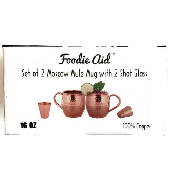 Moscow Mule Copper Mugs 16 oz. (Set of 2) With Bonus 2 Shot Glasses Foodie Aid - Picture 2 of 6